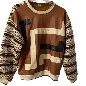 Vintage Vilanto leather sweater men 3d knit striped geometric textured